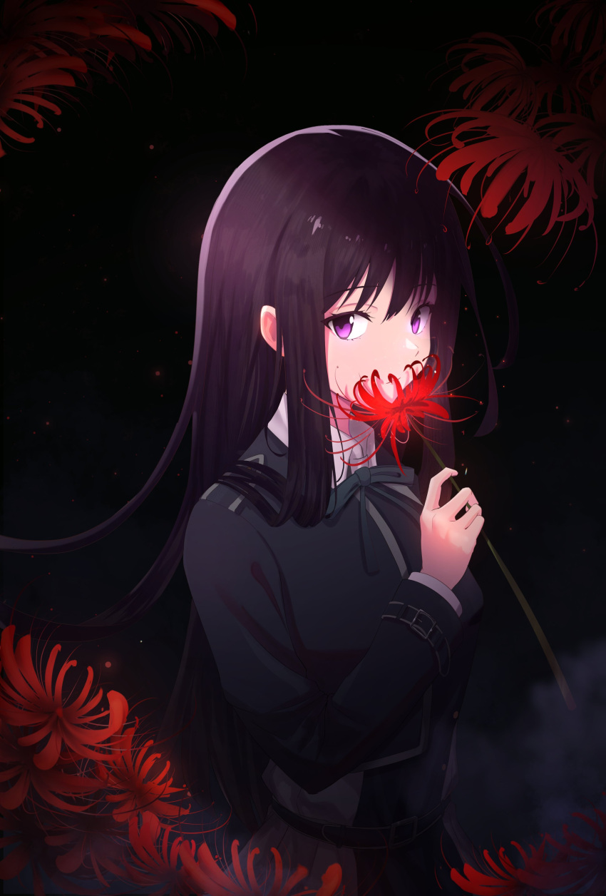 1girl absurdres aimaeart belt black_background black_hair blue_belt blue_dress closed_mouth collared_shirt commentary dress english_commentary floating_hair flower flower_to_mouth fog green_ribbon grey_dress highres holding holding_flower inoue_takina long_hair long_sleeves looking_to_the_side lycoris_recoil lycoris_uniform neck_ribbon pleated_dress purple_eyes red_flower ribbon shirt solo spider_lily two-tone_dress upper_body very_long_hair white_shirt