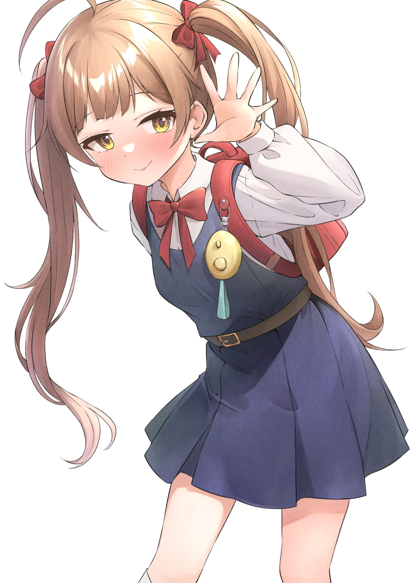1girl absurdres ahoge b1ack_illust backpack bag blue_dress blush bow bowtie brown_hair check_commentary commentary_request cosplay cowboy_shot crime_prevention_buzzer dress hair_bow hakozaki_serika half-closed_eyes hand_up highres idolmaster idolmaster_million_live! long_hair looking_at_viewer parody pleated_dress randoseru red_bag red_bow red_bowtie shigure_ui_(vtuber) shigure_ui_(vtuber)_(cosplay) shirt shukusei!!_loli-gami_requiem smile solo thighs twintails white_background white_shirt yellow_eyes