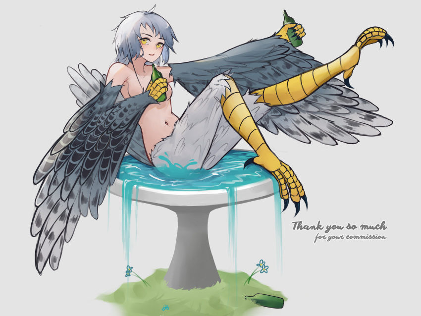 1girl absurdres animal_hands bird_bath bird_legs bird_tail blush bottle breasts claws grey_feathers grey_hair harpy highres holding holding_bottle indie_virtual_youtuber julionugroho35 looking_at_viewer monster_girl navel nude second-party_source small_breasts solo tail tail_feathers talons valk_(devalk) virtual_youtuber water winged_arms wings yellow_eyes