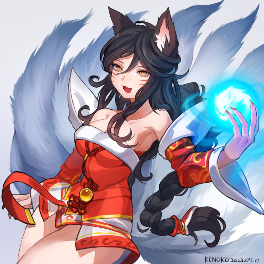 1girl :d ahri_(league_of_legends) animal_ears artist_name bare_shoulders black_hair braid breasts cleavage cowboy_shot detached_sleeves dress facial_mark fang fox_ears fox_tail highres kinoko_doka-gui_kizetsu-bu korean_clothes large_breasts league_of_legends long_hair looking_at_viewer magic nail_polish orange_eyes red_dress red_nails smile solo tail whisker_markings