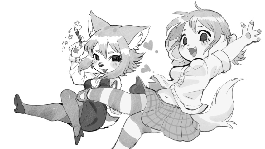 &lt;3 16:9 4_fingers 5_fingers anthro belly black_nose blush bottomwear breasts canid canine canis clothed clothing cute_fangs domestic_dog duo eyelashes female fingers floppy_ears fluffy fluffy_tail hair hibiki_(oposa) inner_ear_fluff konomi_(oposa) legwear looking_at_viewer mammal monochrome navel open_mouth open_smile oposa pantyhose pattern_clothing pattern_legwear pattern_thigh_highs pawpads shirt short_hair short_tail simple_background skirt slightly_chubby smile striped_clothing striped_legwear striped_thigh_highs stripes tail thigh_highs topwear tuft white_background widescreen