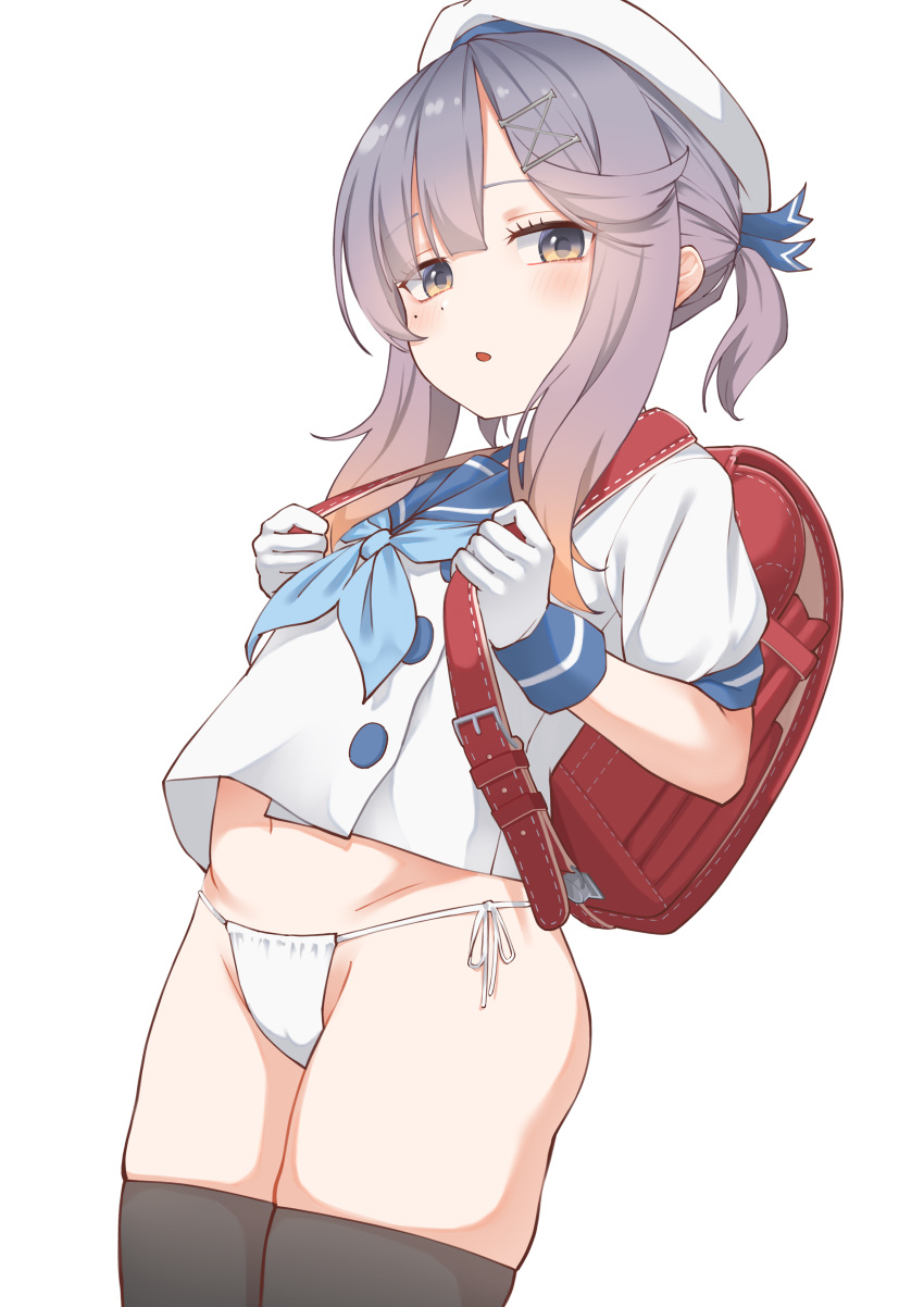 1girl absurdres backpack bag black_thighhighs blue_neckerchief blue_sailor_collar brown_eyes commentary cowboy_shot cropped_shirt flat_chest gloves gradient_hair hat highres holding_strap kantai_collection looking_at_viewer multicolored_hair navel neckerchief no_pants panties parted_lips puffy_short_sleeves puffy_sleeves purple_hair randoseru red_bag sailor_collar sailor_hat sailor_shirt shirt short_hair short_hair_with_long_locks short_sleeves side-tie_panties sidelocks simple_background soba_(sobaya1938) solo thighhighs tsushima_(kancolle) underwear white_background white_gloves white_headwear white_panties white_shirt