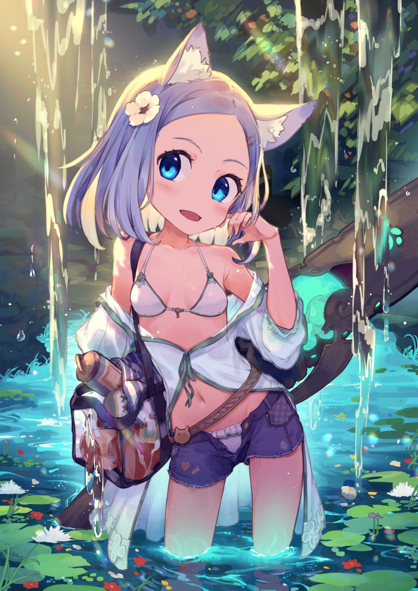 1girl adjusting_hair animal_ear_fluff animal_ears bikini bikini_under_clothes blush breasts cutoffs fantasy flower hair_flower hair_ornament hairclip highres holding katou_tabihito leaning_to_the_side lily_pad looking_at_viewer medium_hair nature navel off_shoulder open_fly open_mouth outdoors partially_submerged purple_hair rachel_(seisou_fude_no_tabibito) seisou_fude_no_tabibito short_shorts shorts small_breasts solo sunlight swimsuit wading water waterfall white_bikini