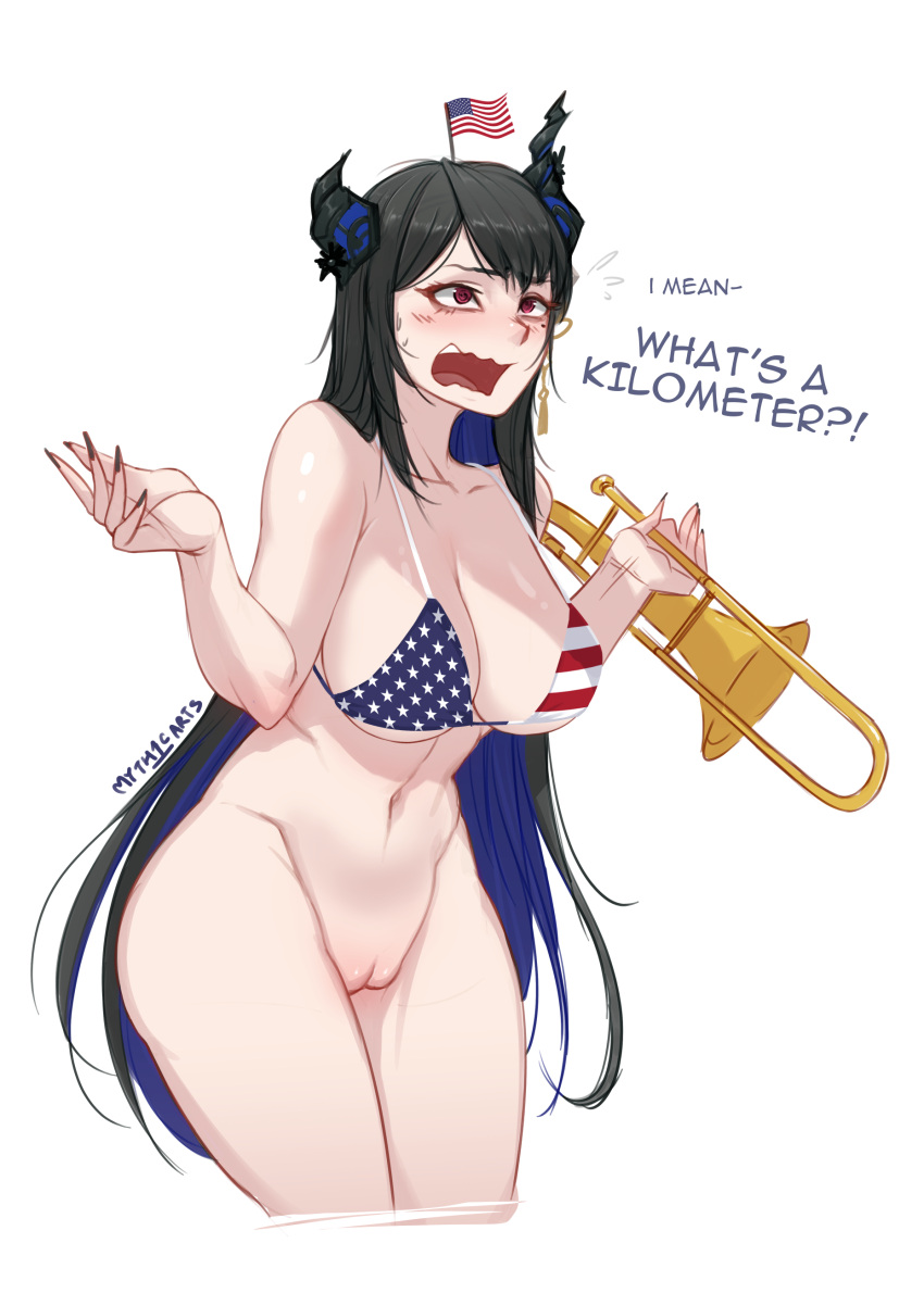 1girl @_@ absurdres american_flag american_flag_bikini asymmetrical_horns bikini bikini_top_only black_hair black_nails blue_hair blush bottomless breasts colored_inner_hair cropped_legs demon_horns flag_print highres holding holding_instrument hololive hololive_english horns instrument large_breasts long_hair mole mole_under_eye multicolored_hair myth1carts navel nerissa_ravencroft open_mouth pussy red_eyes simple_background solo stomach swimsuit trombone two-tone_hair uncensored very_long_hair virtual_youtuber wavy_mouth white_background