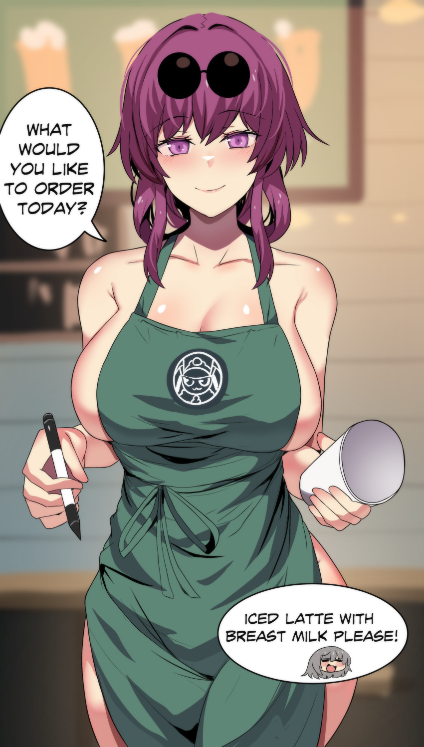 1girl absurdres apron ass barista blurry brand_name_imitation breasts cafe cameo coffee_cup collarbone commentary cup depth_of_field disposable_cup dual_wielding english_commentary eyewear_on_head green_apron hair_between_eyes highres hinghoi holding holding_cup holding_marker honkai:_star_rail honkai_(series) iced_latte_with_breast_milk_(meme) indoors kafka_(honkai:_star_rail) large_breasts looking_at_viewer marker meme naked_apron pom-pom_(honkai:_star_rail) purple_eyes purple_hair sideboob sidelocks sleeveless smile solo starbucks stelle_(honkai:_star_rail) sunglasses trailblazer_(honkai:_star_rail)