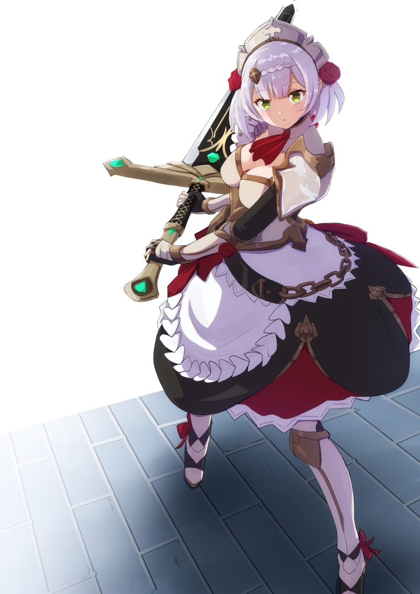1girl apron armor armored_boots ascot bangs belt blunt_bangs boots braid breastplate breasts chain claymore_(sword) cleavage commentary_request english_commentary fighting_stance from_above gauntlets genshin_impact greatsword green_eyes grey_hair hair_ornament highres holding holding_sword holding_weapon irrwisch long_sleeves looking_at_viewer looking_up maid maid_apron maid_headdress noelle_(genshin_impact) parted_lips short_hair shoulder_armor sidelocks single_braid solo sword weapon white_background