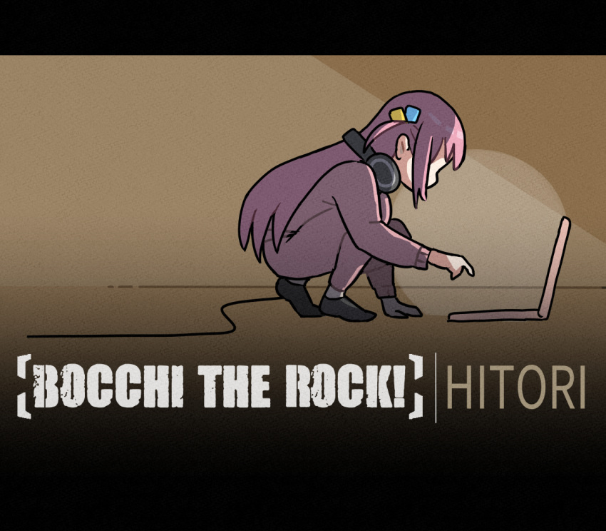 1girl album_cover_redraw bocchi_the_rock! character_name commentary computer copyright_name derivative_work from_side gotou_hitori headphones headphones_around_neck jacket laptop linkin_park long_hair meteora_(linkin_park) oishi_oiru one_side_up pants pink_hair pink_jacket pink_pants solo squatting track_jacket track_pants