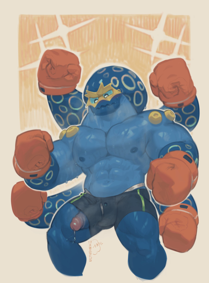 2023 abs absurd_res anthro biceps big_muscles blue_body blue_skin bodily_fluids bottomwear boxing_gloves bulge clothed clothing dripping embarrassed erection generation_8_pokemon genital_fluids genitals glistening glistening_body grapploct hairless handwear hi_res hibiscusemote humanoid_genitalia jockstrap male muscular muscular_anthro muscular_male navel nintendo nipples pecs penis penis_through_leghole pokemon pokemon_(species) poking_out precum precum_drip pubic_mound shorts signature simple_background solo sweat tentacles underwear wardrobe_malfunction