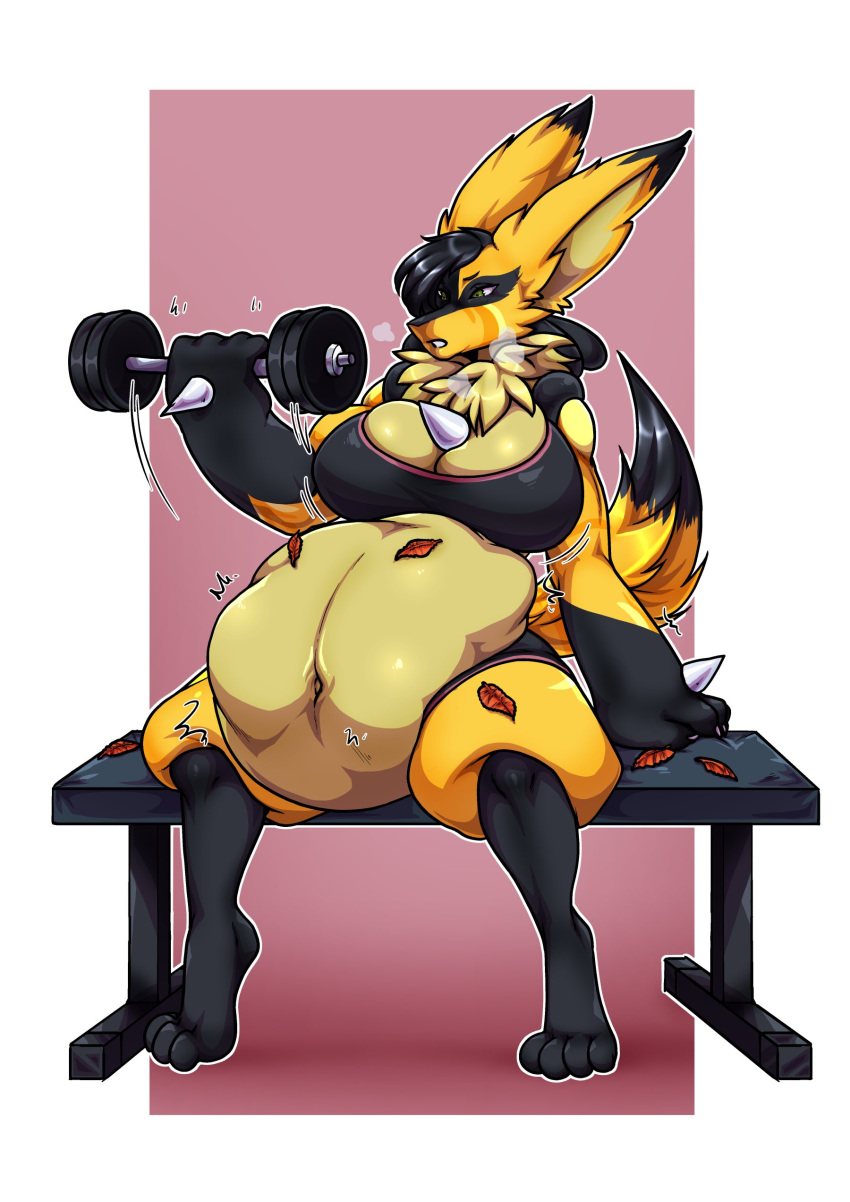 absurd_res anthro anthro_pred athletic athletic_anthro athletic_female athletic_wear barbell big_ears black_hair bloated bottomwear bra chest_spike chest_tuft clothing detailed_navel dumbbell ecchipandaa emanata exercise feathers female female_pred generation_4_pokemon hair hand_spike hi_res holding_weights huge_belly lucario motion_lines navel navel_rim nintendo pokemon pokemon_(species) same_size_vore shorts sitting sitting_on_bench solo spikes spikes_(anatomy) sports_bra struggling_prey thick_arms tuft underwear vore weight_bench weightlifting weights workout yellow_body