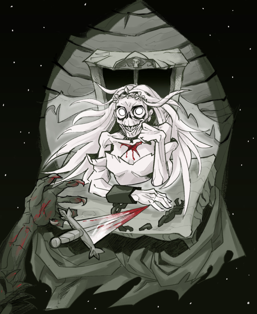 1girl bare_shoulders blood blood_on_knife breasts chain chain_around_arm chained cleavage combat_knife crown dagger dress elbow_rest emaciated floating_hair ghost ghost_girl greyscale hand_on_own_cheek hand_on_own_face head_rest highres injury knife long_hair looking_at_viewer monochrome princess princess_(slay_the_princess) skinny slay_the_princess smile sunken_cheeks talons the_hero_(slay_the_princess) the_spectre_(slay_the_princess) weapon