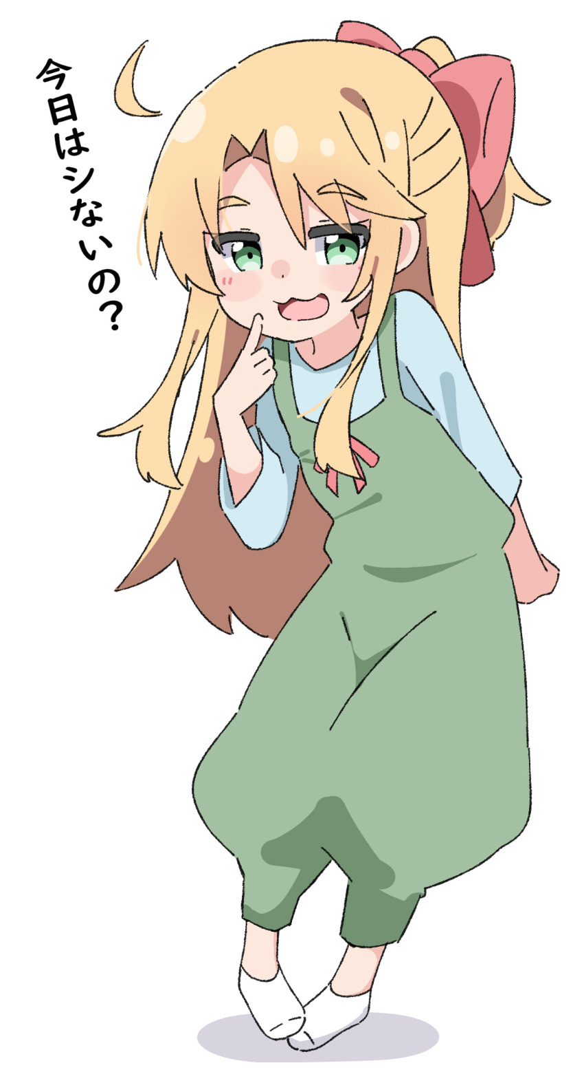 1girl :d ahoge ankle_socks blonde_hair blue_shirt blush_stickers bow commentary_request dress full_body green_dress green_eyes hair_between_eyes hair_bow hand_up highres himesaka_noa kapuru_0410 long_hair long_sleeves looking_at_viewer no_shoes parted_bangs pigeon-toed ponytail red_bow shadow shirt simple_background sleeveless sleeveless_dress smile socks solo thick_eyebrows translation_request very_long_hair watashi_ni_tenshi_ga_maiorita! white_background white_socks