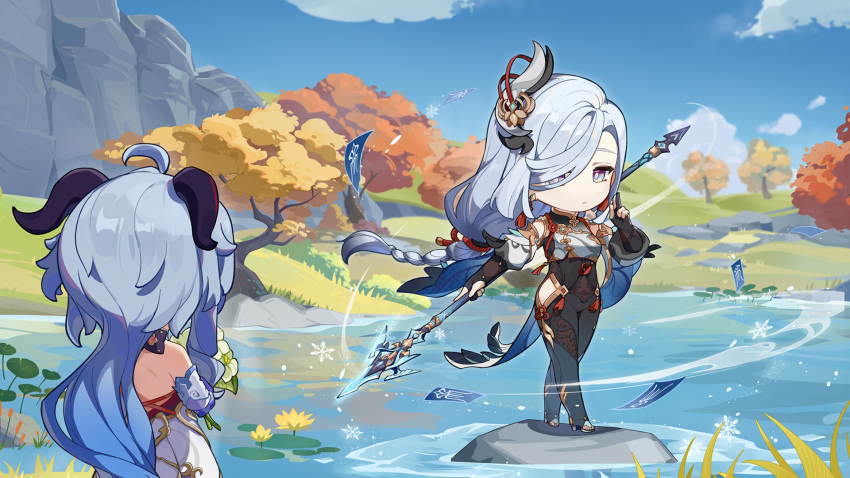 2girls ahoge black_bodysuit blue_hair bodysuit braid braided_ponytail breast_curtain breasts bridal_legwear chibi closed_mouth commentary day detached_sleeves english_commentary floating_hair flower from_behind ganyu_(genshin_impact) genshin_impact goat_horns grey_hair hair_ornament hair_over_one_eye hand_up highres hip_vent holding holding_flower holding_polearm holding_weapon horns ice low_ponytail mountain multicolored_eyes multiple_girls official_art outdoors polearm shenhe_(genshin_impact) standing tassel tree water weapon white_flower