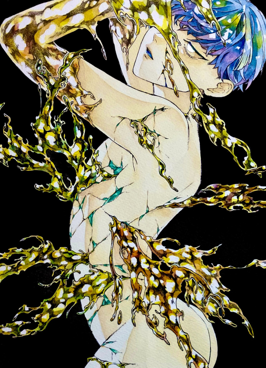 1other arms_up ass black_background bleeding blood blue_hair bowl_cut completely_nude cowboy_shot cracked_skin from_side golden_arms highres houseki_no_kuni liquid looking_to_the_side mt5_014 nude one_eye_covered other_focus parted_lips phosphophyllite phosphophyllite_(gemstone) phosphophyllite_(ll) short_hair simple_background solo spoilers traditional_media white_eyes