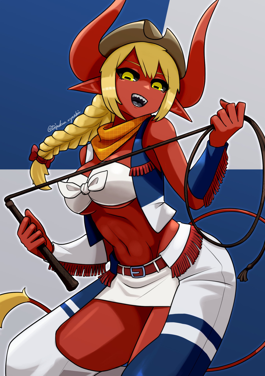 1girl absurdres black_sclera blonde_hair braid breasts cat_o'_nine_tails chaps colored_sclera colored_skin cowboy_hat cowgirl_(western) demon_girl demon_horns demon_tail fringe_trim hat highres holding holding_whip horizontal_pupils horns large_breasts long_hair looking_at_viewer navel original pointy_ears red_skin scarf sharp_teeth solo tail teeth toipokun_oyashi whip yellow_eyes