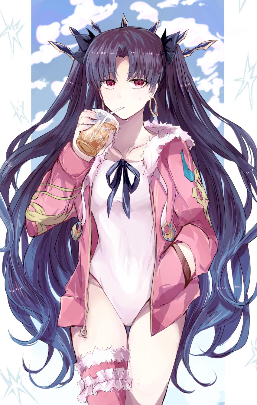 1girl black_hair black_ribbon blue_nails blue_sky cloud collarbone drinking drinking_straw drinking_straw_in_mouth earrings fate/grand_order fate_(series) fingernails fur-trimmed_jacket fur_trim hair_ribbon hand_in_pocket highres holding hoop_earrings ishtar_(fate) ishtar_(swimsuit_rider)_(fate) jacket jewelry long_hair one-piece_swimsuit open_clothes open_jacket parted_bangs pink_jacket pink_thighhighs red_eyes ribbon single_thighhigh sky sodamachi solo sweat swimsuit thighhighs two_side_up very_long_hair white_one-piece_swimsuit