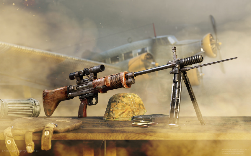 3d aircraft airplane alexander_yartsev ammunition battle_rifle bayonet bipod blurry blurry_background bomber camouflage camouflage_headwear combat_helmet commentary dust english_commentary fg42 game_cg gas_mask_canister german_text grey_sky gun highres light_particles luftwaffe magazine_(weapon) military military_vehicle motor_vehicle no_humans pouch propeller rifle rifle_cartridge scope sky still_life translated vehicle_request weapon weapon_focus weapon_name world_of_guns:_gun_disassembly world_war_ii