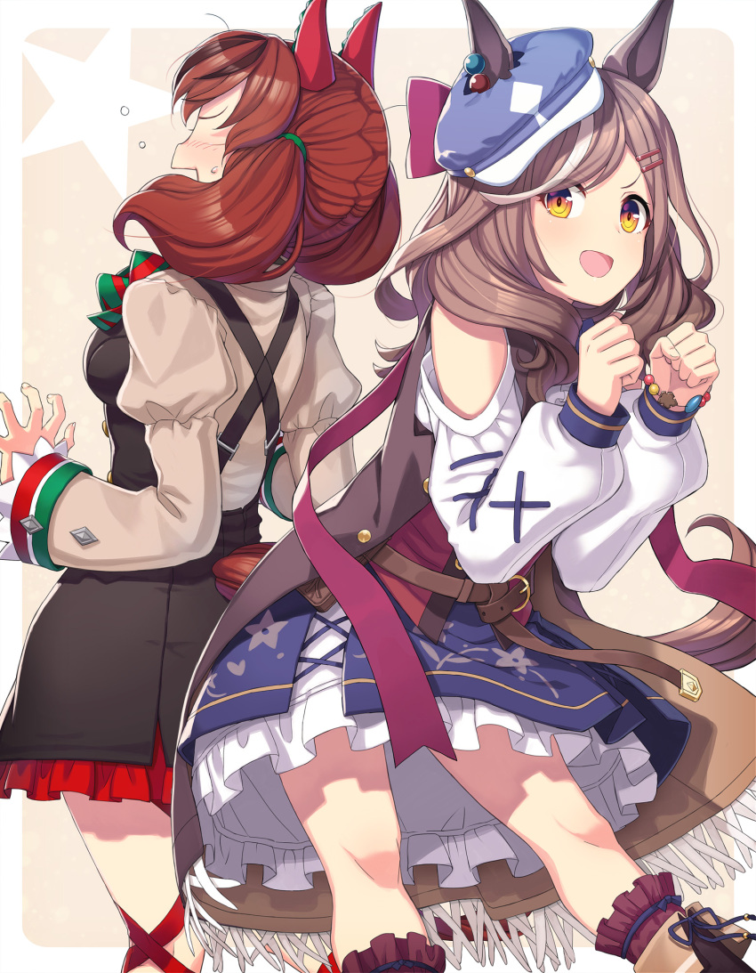 2girls animal_ears bag bare_shoulders blue_headwear boots border brown_hair butt_bump cabbie_hat clenched_hands clothing_cutout ear_covers ears_through_headwear hat highres horse_ears horse_girl horse_tail itou_(onsoku_tassha) juliet_sleeves long_hair long_sleeves looking_at_viewer matikane_tannhauser_(umamusume) multicolored_hair multiple_girls nice_nature_(umamusume) open_mouth puffy_sleeves red_hair shoulder_bag shoulder_cutout skirt smile streaked_hair tail twintails umamusume white_border white_hair yellow_eyes