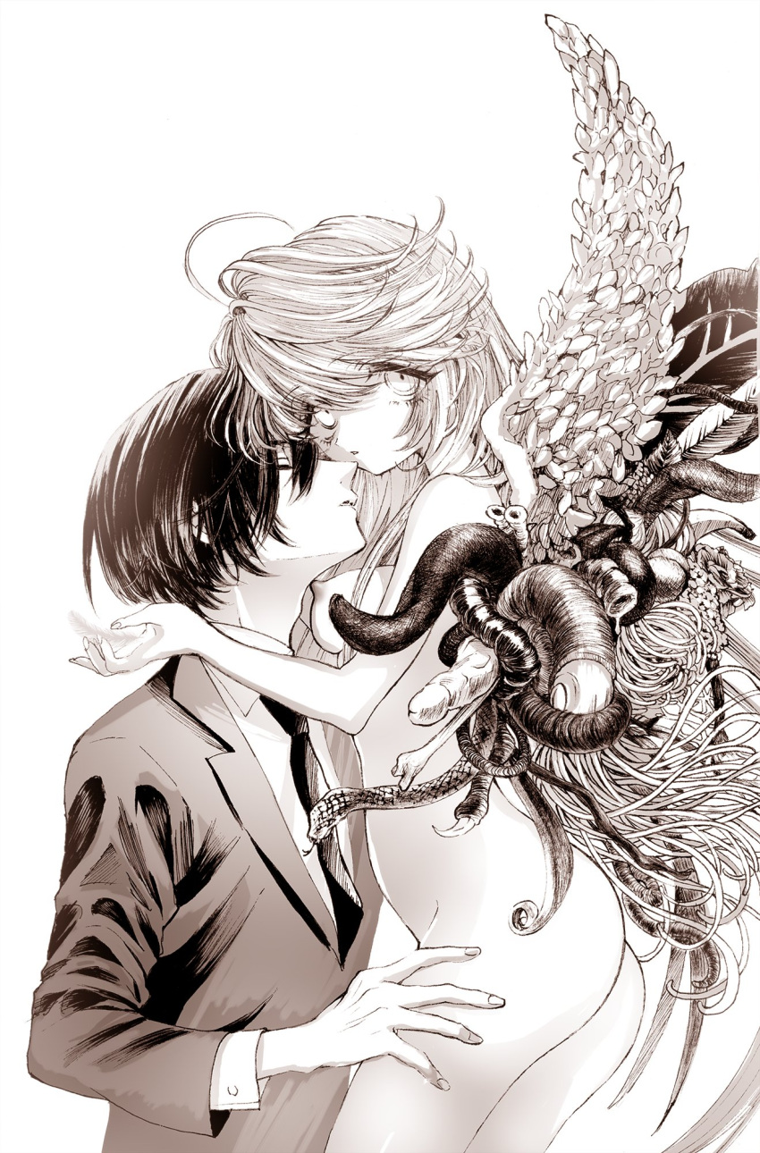 1boy 1girl angel_wings ass aya_carmine banana body_horror bone breasts closed_eyes clothed_male_nude_female collared_shirt completely_nude cowboy_shot expressionless feathers flower_wings food formal fruit greyscale hand_on_another's_thigh hetero highres hitomi_hirosuke_(sayonara_wo_oshiete) holding holding_feather leaf_wings long_hair looking_at_viewer mismatched_wings monochrome necktie nude parted_lips penis plant_wings sayonara_wo_oshiete shirt simple_background small_breasts snake sugamo_mutsuki suit tendril tongue upper_body wings
