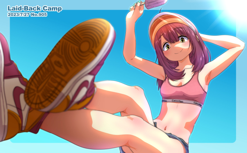 1girl armpits breasts brown_hair crossed_legs food green_eyes jagi_(jagi_souken) long_hair nail_polish navel popsicle shiruko_(food) shoe_soles shoes short_shorts shorts small_breasts smile sneakers solo sports_bra toki_ayano yurucamp