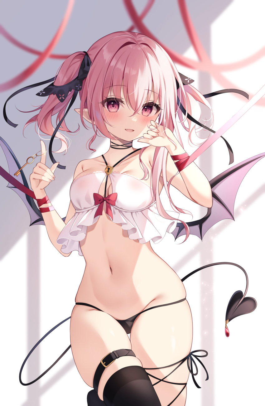 1girl bat_wings black_panties black_ribbon black_thighhighs black_wings breasts commentary_request demon_girl demon_tail hair_between_eyes hair_ribbon highres light_smile looking_at_viewer medium_breasts miy@ navel open_mouth original panties pink_eyes pink_hair red_ribbon ribbon short_hair single_thighhigh solo standing stomach tail thighhighs two_side_up underwear wings