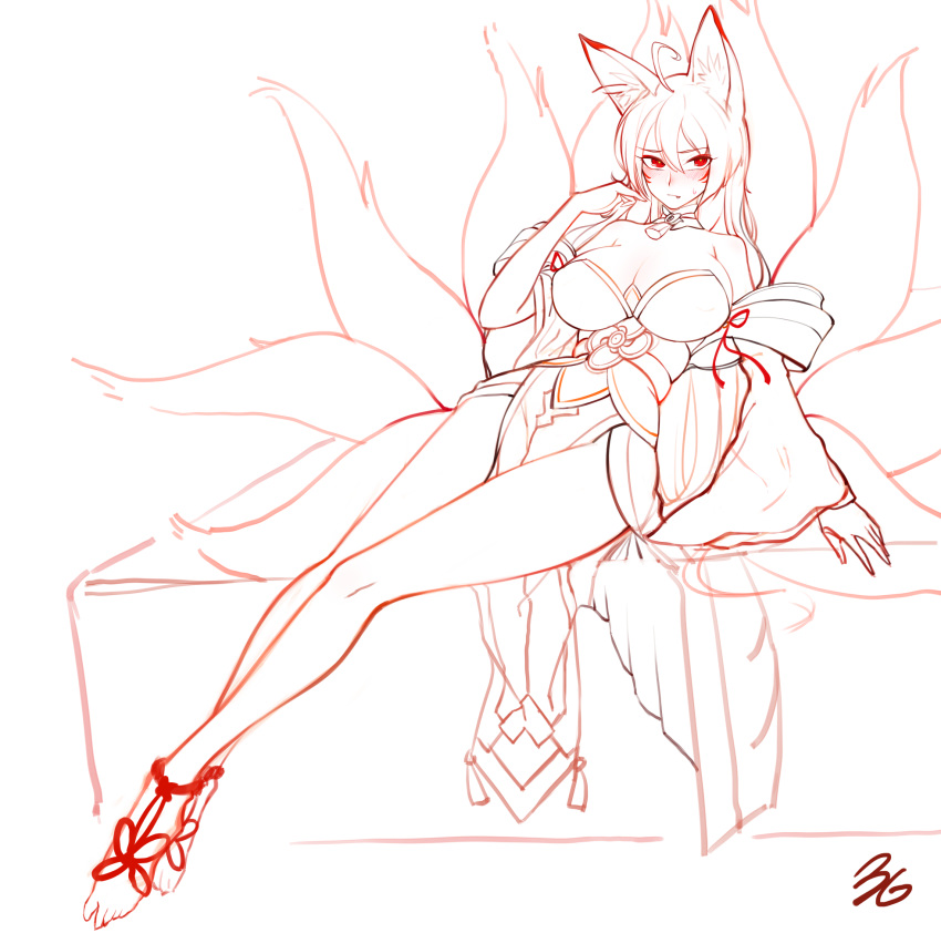 1girl 3gs ahoge animal_ear_fluff animal_ears ara_haan ara_haan_(celestial_fox) bare_shoulders barefoot between_legs blush breasts cleavage detached_collar elsword facial_mark fang fox_ears fox_tail frown full_body hand_to_own_face highres large_breasts long_hair long_sleeves looking_to_the_side looking_up monochrome multiple_tails shakti_(elsword) sitting sketch solo tail wide_sleeves