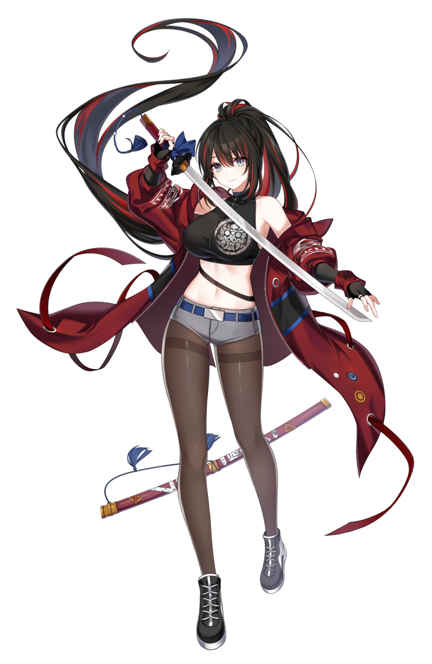 1girl aeri_(closers) aqua_eyes arm_up armpits bare_shoulders belt black_footwear black_gloves black_hair black_jacket black_shirt breasts brown_pantyhose closed_mouth closers crop_top fingerless_gloves floating_hair full_body gloves grey_shorts hair_between_eyes highres holding holding_sword holding_weapon jacket katana large_breasts long_hair looking_at_viewer micro_shorts midriff mole mole_under_mouth multicolored_hair navel non-web_source off_shoulder official_art open_clothes open_jacket pantyhose ponytail red_jacket sheath shirt shoes short_shorts shorts sleeveless sleeveless_shirt sleeveless_turtleneck smile sneakers solo stomach streaked_hair sword thighband_pantyhose turtleneck unsheathed very_long_hair weapon