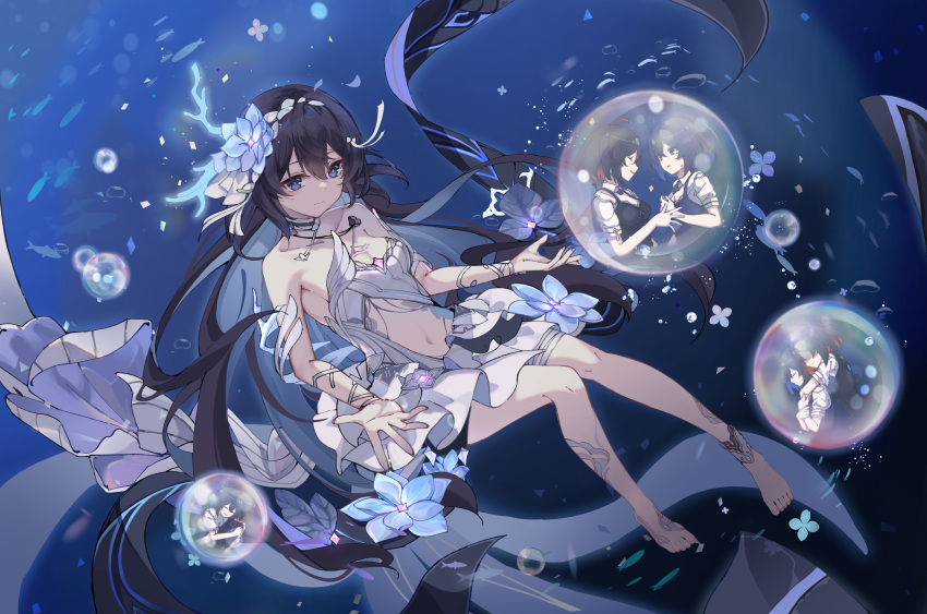 2girls absurdres bare_shoulders barefoot black_hair blue_flower blue_hair body_markings breasts bubble chest_tattoo colored_inner_hair dress english_commentary fish flower hair_between_eyes hair_flower hair_ornament highres honkai_(series) honkai_impact_3rd kaya_(tyhk7874) long_hair multicolored_hair multiple_girls navel official_alternate_costume red_hair seele_(alter_ego) seele_vollerei seele_vollerei_(herrscher_of_rebirth) seele_vollerei_(swallowtail_phantasm) small_breasts smile tattoo underwater very_long_hair water white_dress white_headwear