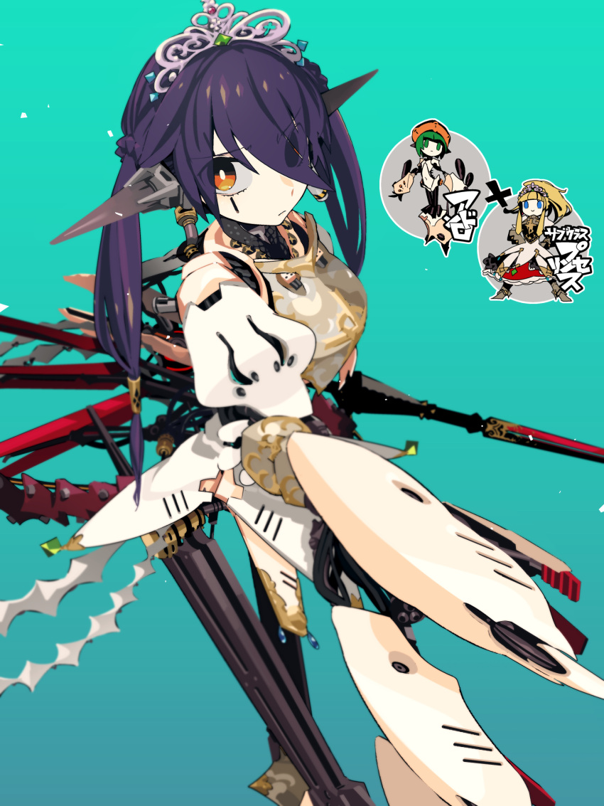 1girl alternate_hairstyle android aqua_background armor cable circlet gradient_background hair_over_one_eye highres idkuroi joints looking_at_viewer mechanical_parts olympia_(sekaiju) orange_eyes purple_hair robot_girl robot_joints sekaiju_no_meikyuu sekaiju_no_meikyuu_3 twintails