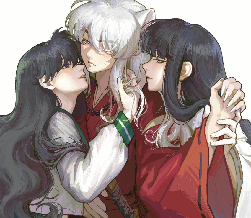1boy 2girls animal_ears assertive_female bead_necklace beads black_hair closed_mouth dog_ears fang fang_out fingernails girl_sandwich gootai hand_in_another's_hair hand_up hetero highres higurashi_kagome holding_another's_wrist inuyasha inuyasha_(character) japanese_clothes jewelry katana kikyou_(inuyasha) light_smile long_fingernails long_hair long_sleeves looking_at_another looking_at_viewer looking_to_the_side low-tied_long_hair multiple_girls necklace one_eye_covered parted_lips profile ribbon-trimmed_sleeves ribbon_trim sandwiched school_uniform serafuku sharp_fingernails sidelocks simple_background sword upper_body weapon white_background white_hair white_nails wide_sleeves yellow_eyes