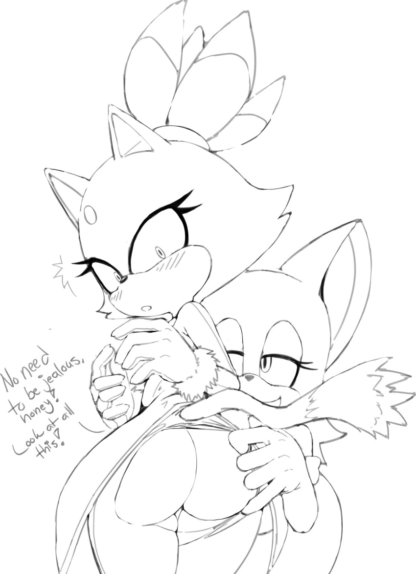 big_butt big_ears black_and_white blaze_the_cat blush breasts butt butt_envy clothing delicioussoup female female/female gloves handwear hi_res monochrome rouge_the_bat sega sketch small_breasts sonic_the_hedgehog_(series) tail text tight_clothing torn_clothing
