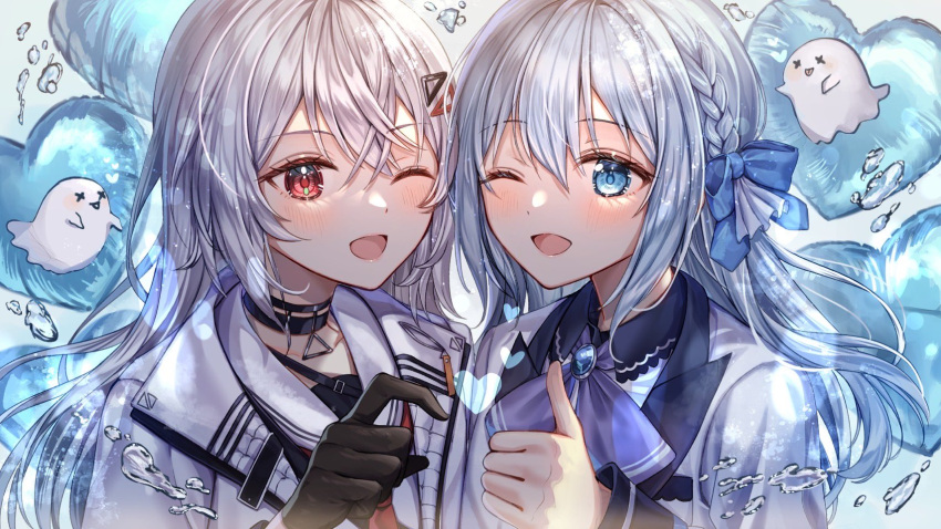 2girls ;d ascot black_choker black_gloves blue_bow blue_eyes blue_hair blush bow braid choker ghost gloves grey_hair grey_jacket hair_between_eyes hair_ornament heart highres hitotose_tanteidan indie_virtual_youtuber jacket kannagi_tenri long_hair looking_at_viewer multiple_girls necktie one_eye_closed open_mouth purple_bow red_eyes red_necktie sailor_collar sakura_(39ra) smile thumbs_up triangle_hair_ornament upper_body virtual_youtuber white_ascot yuugasaki_umi