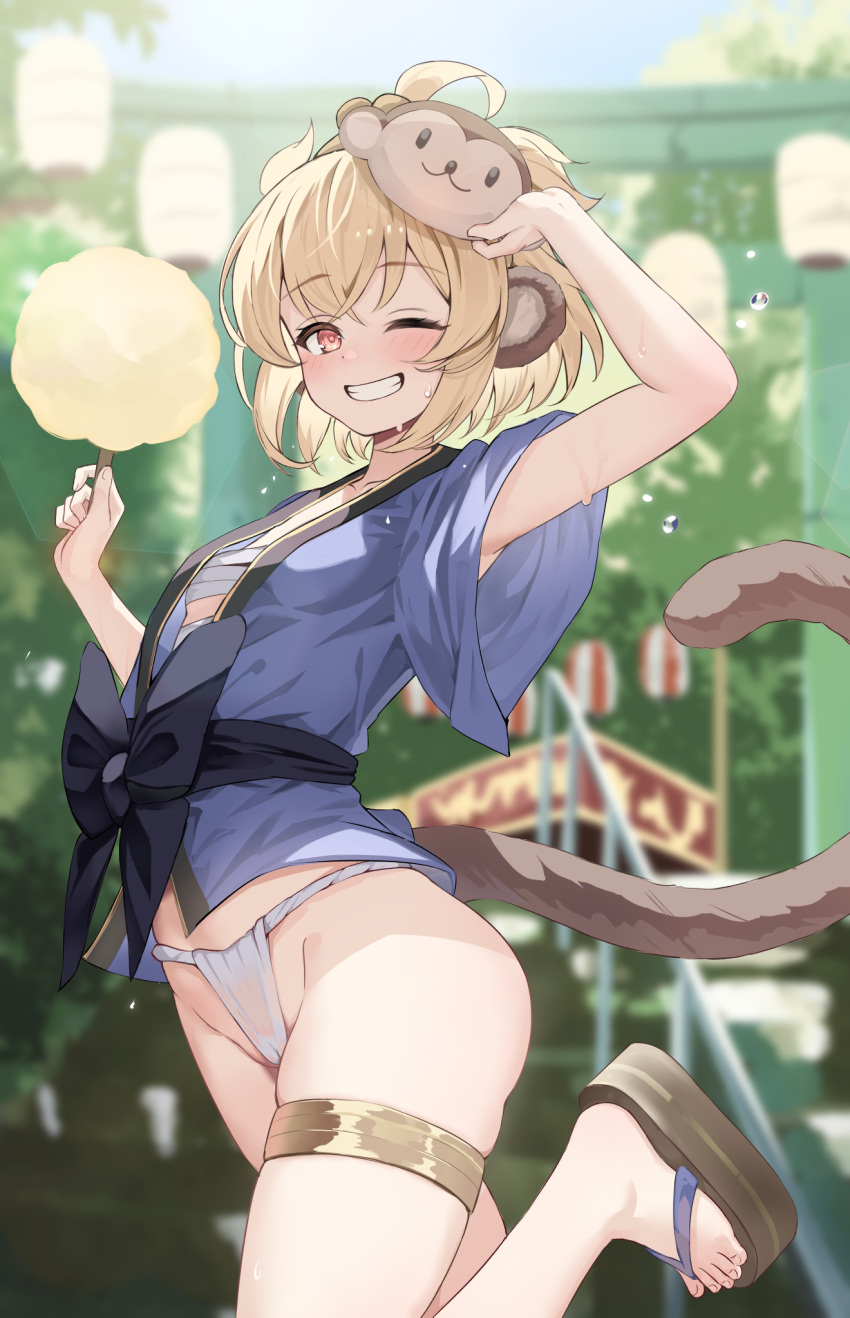 2023 andira_(granblue_fantasy) animal_humanoid asian_clothing blonde_hair blush bodily_fluids breasts candy clothed clothing cotton_candy dessert east_asian_clothing female food fundoshi granblue_fantasy hair hi_res humanoid japanese_clothing kimblee_(artist) mammal mammal_humanoid monkey_humanoid one_eye_closed primate primate_humanoid small_breasts solo sweat underwear wink
