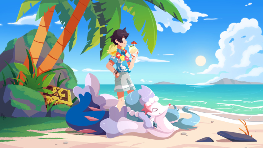 1boy black_hair blue_shirt closed_mouth cloud comfey commentary commission cup day drinking drinking_straw floral_print glass grey_shorts hand_in_pocket highres holding holding_cup k.z.r male_focus moss outdoors palm_tree pokemon pokemon_(creature) primarina rock sand shirt shore short_hair short_sleeves shorts sky smile standing treasure_chest tree water