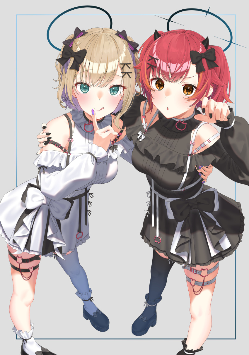 2girls :o :q absurdres alternate_costume bare_shoulders black_bow black_dress black_footwear black_halo black_nails black_thighhighs blonde_hair bow cat_o-ring colored_inner_hair demon_horns detached_sleeves dress frilled_dress frills green_eyes hair_bow halo hand_on_another's_shoulder highres horns jirai_kei kiaoekakishitai kurumi_noah long_sleeves looking_at_viewer multicolored_hair multiple_girls nekota_tsuna o-ring o-ring_thigh_strap off-shoulder_dress off_shoulder orange_eyes orange_hair pleated_dress puffy_long_sleeves puffy_sleeves purple_hair purple_nails red_hair ribbed_dress short_dress short_hair short_twintails single_thighhigh skindentation socks standing streaked_hair thigh_strap thighhighs tongue tongue_out twintails virtual_youtuber vspo! white_bow white_dress white_thighhighs zettai_ryouiki
