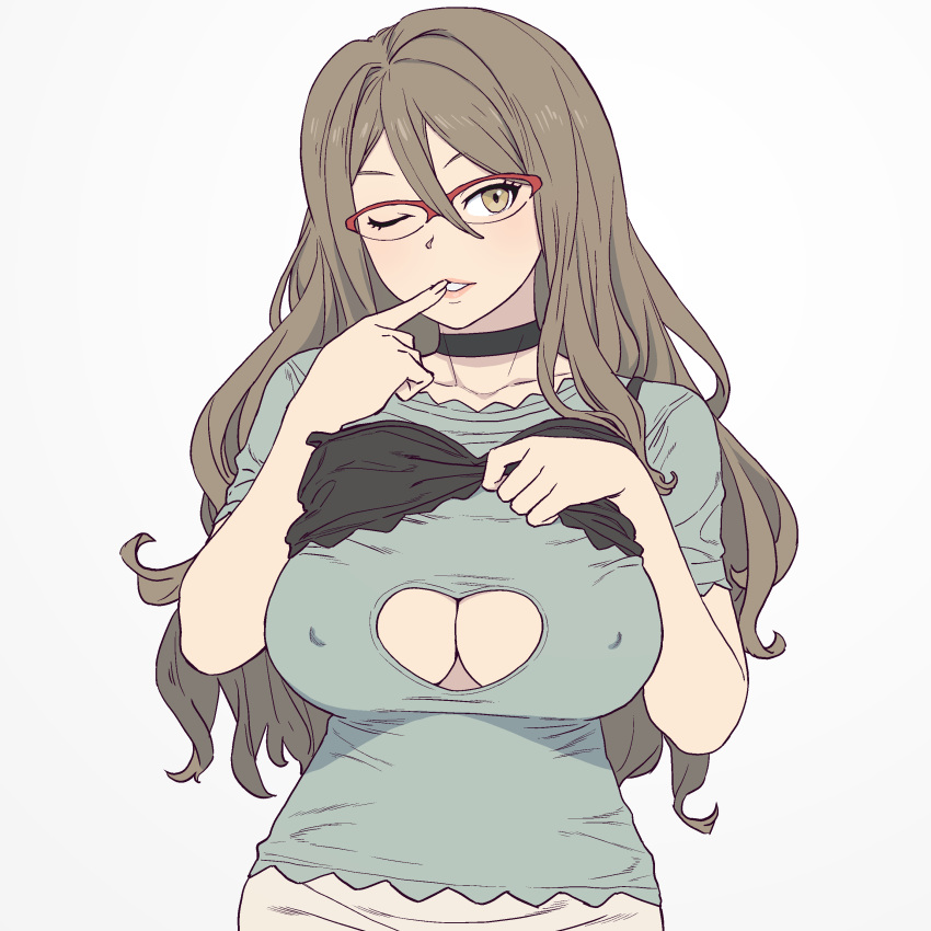 1girl absurdres black_bra black_choker bra bra_over_clothes breasts brown_hair choker cleavage cleavage_cutout clothing_cutout covered_nipples finger_to_mouth glasses hair_between_eyes highres large_breasts lips long_hair looking_at_viewer lycoris_recoil nakahara_mizuki one_eye_closed onsen_tamago_(hs_egg) red-framed_eyewear shirt short_sleeves simple_background solo underwear