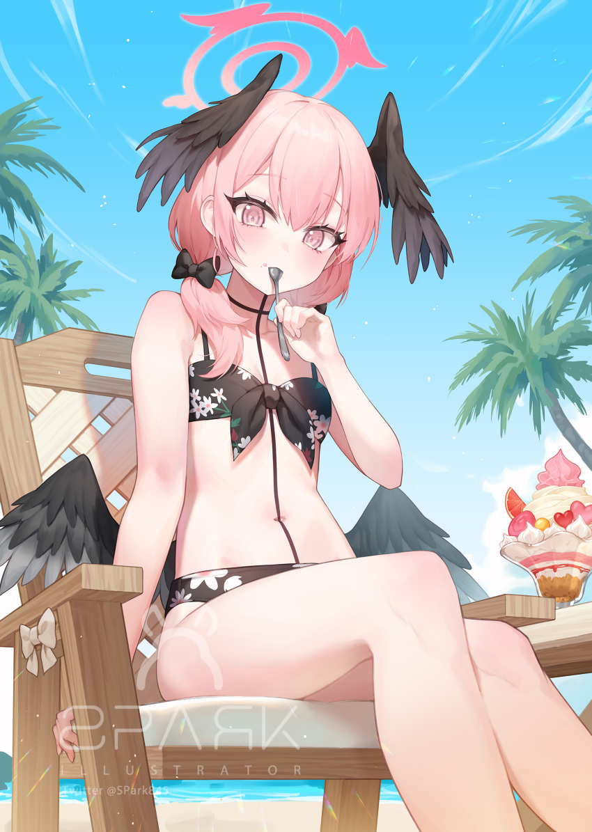 1girl absurdres bikini black_bikini black_bow black_wings blue_archive bow collarbone commentary day flat_chest floral_print food hair_bow halo head_wings highres holding holding_spoon koharu_(blue_archive) koharu_(swimsuit)_(blue_archive) long_hair low_twintails low_wings navel official_alternate_costume outdoors palm_tree parfait pink_eyes pink_hair pink_halo print_bikini sitting solo spark_(spark845) spoon swimsuit tree twintails twitter_username wings