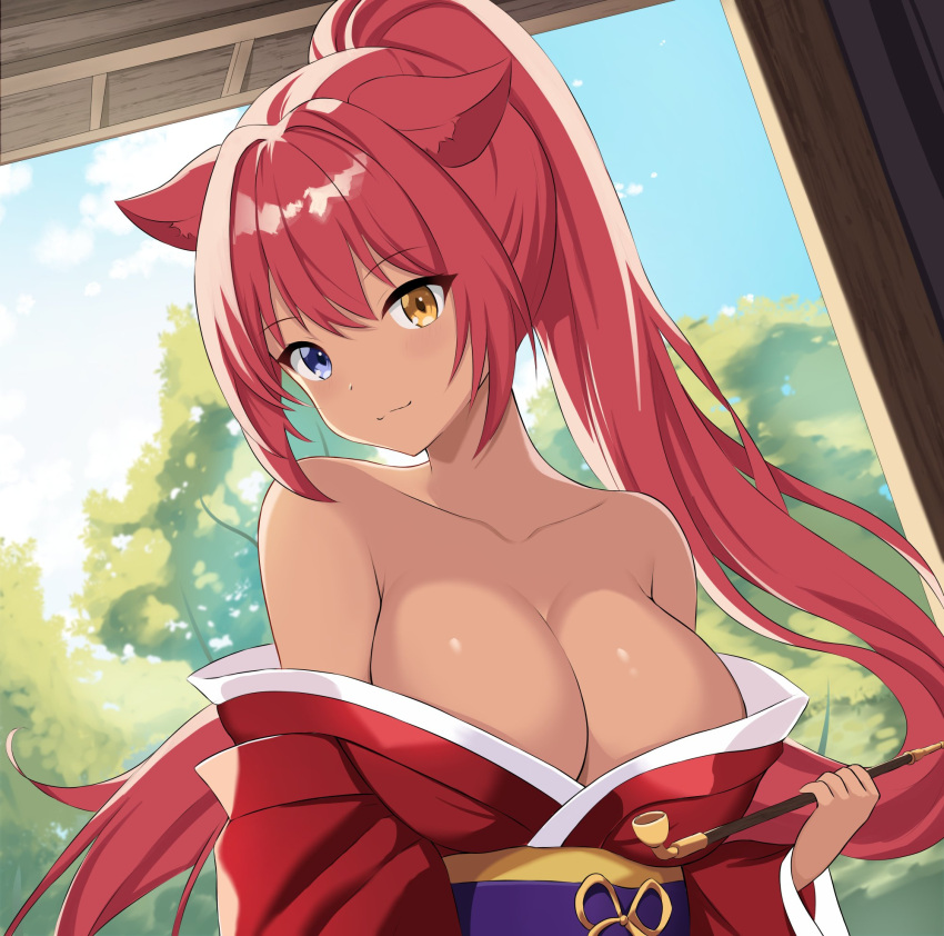 1girl animal_ears bare_shoulders breasts cat_ears cat_girl cleavage collarbone dark-skinned_female dark_skin highres japanese_clothes kimono large_breasts long_hair multicolored_eyes off_shoulder original ponytail red_hair simple_background smoking_pipe tan zeropen