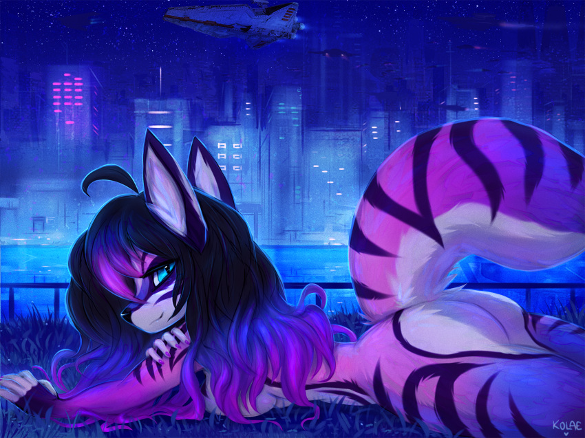 blue_eyes canid canine city city_background cityscape female fox fur hi_res kolae mammal night science_fiction striped_body striped_fur stripes