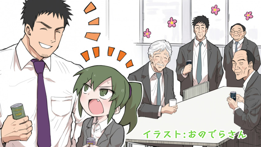 1girl 5boys artist_request black_hair black_jacket breast_pocket can closed_eyes collared_shirt cup end_card fang flower glasses green_eyes green_hair grey_necktie height_difference highres holding holding_can holding_cup igarashi_futaba_(shiromanta) jacket multiple_boys necktie non-web_source open_mouth pink_flower pocket ponytail purple_necktie senpai_ga_uzai_kouhai_no_hanashi shirt smile sweat table takeda_harumi_(shiromanta) white_hair white_shirt