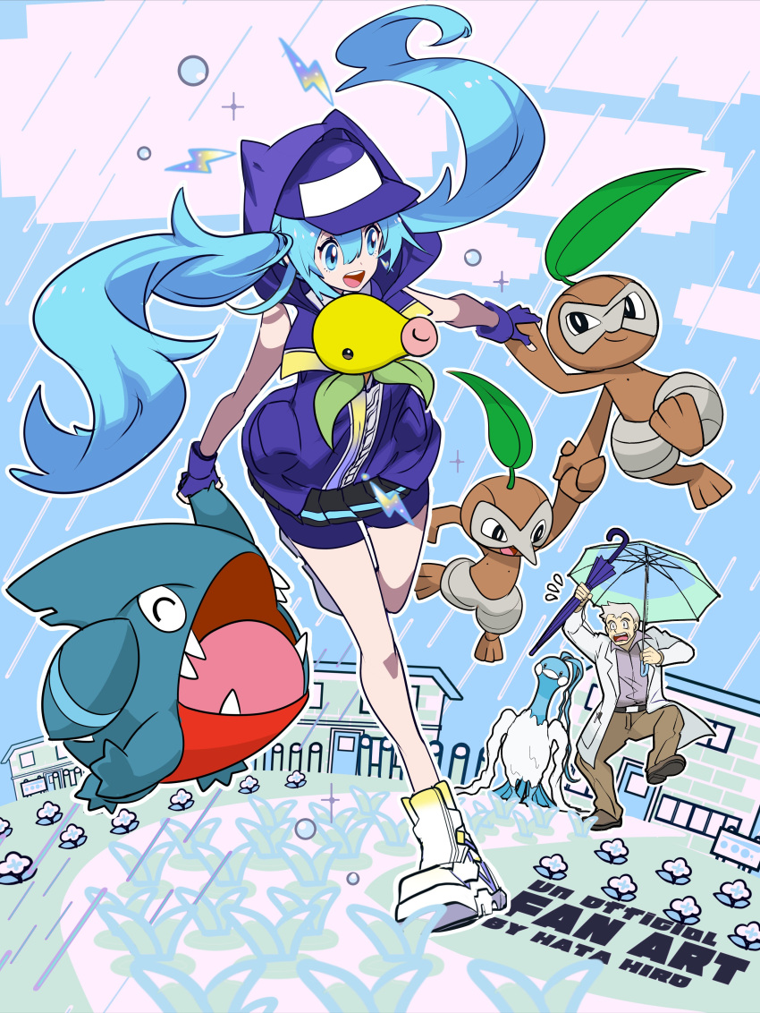 1boy 1girl absurdres altaria aqua_eyes aqua_hair baseball_cap beak bellsprout bird blue_feathers brown_pants feathers gible gloves hat hatsune_miku highres holding holding_hands holding_umbrella hood hoodie lab_coat long_hair manbou_no_ane mirai_donna_darou_(vocaloid) nuzleaf open_mouth pants pleated_skirt pokemon pokemon_(creature) project_voltage rain samuel_oak skirt smile teeth twintails umbrella very_long_hair vocaloid white_feathers