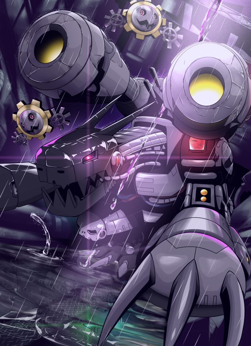 claws digimon digimon_(creature) gears glowing glowing_eyes hagurumon highres mesh_kuroto mugendramon no_humans puddle rain red_eyes robot sharp_teeth shoulder_cannon teeth