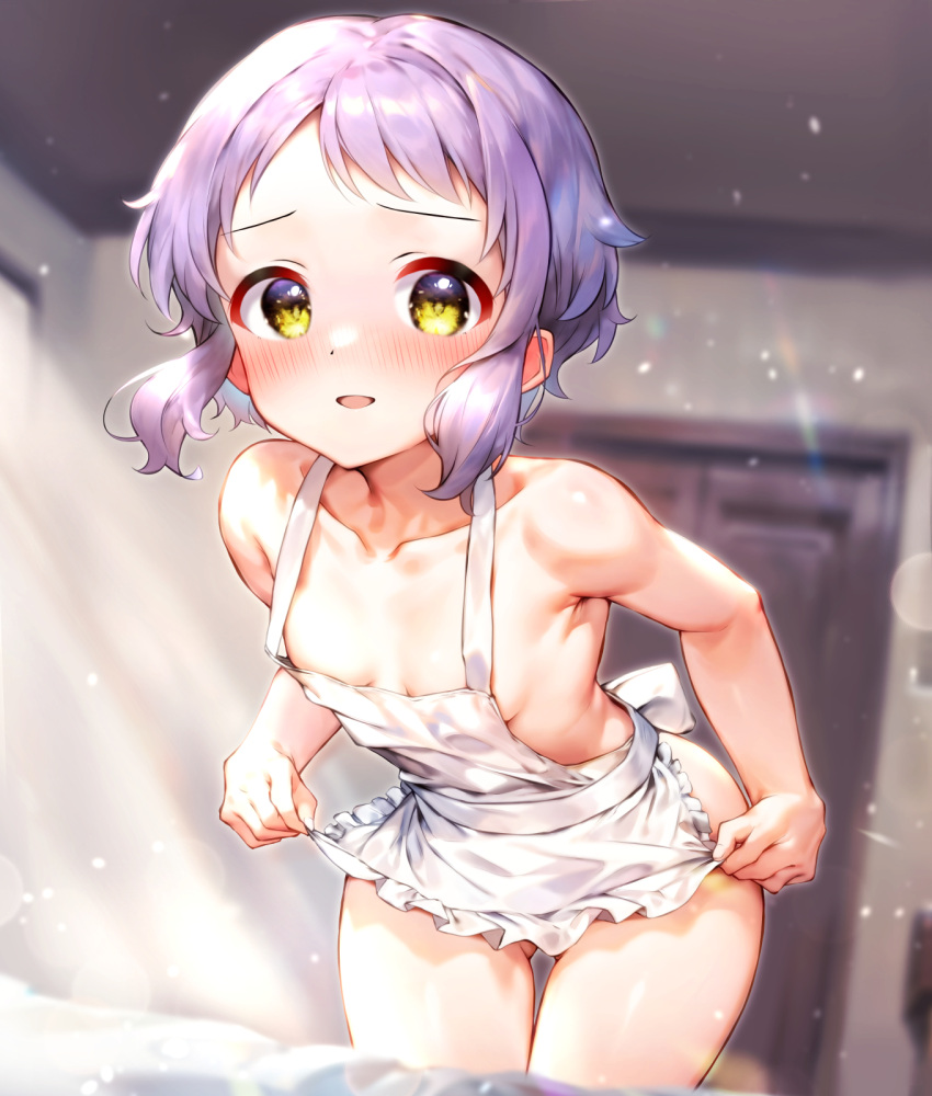 1girl apron armpits bedroom blush breasts collarbone flat_chest highres idolmaster idolmaster_million_live! idolmaster_million_live!_theater_days indoors looking_at_viewer maid_apron makabe_mizuki naked_apron nude open_mouth purple_hair qianlou_(qianlou12374) short_hair sidelocks small_breasts smile solo thighs white_apron yellow_eyes