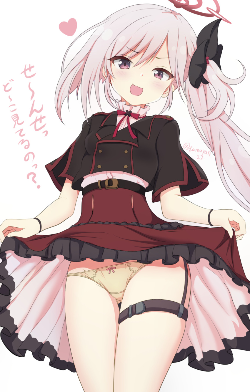 1girl :d ass_visible_through_thighs black_flower black_jacket blue_archive bow bow_panties breasts brown_panties clothes_lift commentary_request flower frilled_skirt frills grey_hair hair_flower hair_ornament halo heart highres jacket lifted_by_self lips long_hair looking_at_viewer mutsuki_(blue_archive) panties pink_shirt red_eyes red_skirt shirt short_sleeves side_ponytail simple_background skirt skirt_lift small_breasts smile solo tamayan thigh_gap translation_request twitter_username underwear v-shaped_eyebrows very_long_hair white_background wide_sleeves