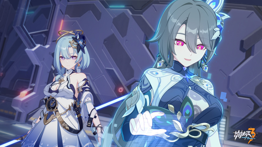 2girls blue_hair blue_lightsaber breasts chinese_commentary dress earrings energy_sword gloves griseo griseo_(cosmic_expression) hair_between_eyes highres holding holding_lightsaber holding_weapon honkai_(series) honkai_impact_3rd indoors jewelry large_breasts light_blue_hair lightsaber logo long_hair looking_at_viewer multiple_girls official_art official_wallpaper peacock_feathers purple_eyes red_eyes smile star_wars sword vita_(honkai_impact) weapon white_dress white_gloves yellow_pupils