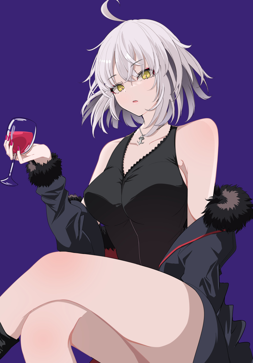1girl absurdres ahoge alcohol bare_shoulders black_coat black_dress black_footwear boots breasts cleavage coat collarbone crossed_legs cup dress drinking_glass fate/grand_order fate_(series) fur-trimmed_coat fur_trim grey_hair highres jeanne_d'arc_alter_(fate) jeanne_d'arc_alter_(ver._shinjuku_1999)_(fate) jewelry knee_boots large_breasts long_sleeves looking_at_viewer necklace nigori_(keydoor) off_shoulder open_clothes open_coat short_dress short_hair solo thighs wine wine_glass yellow_eyes