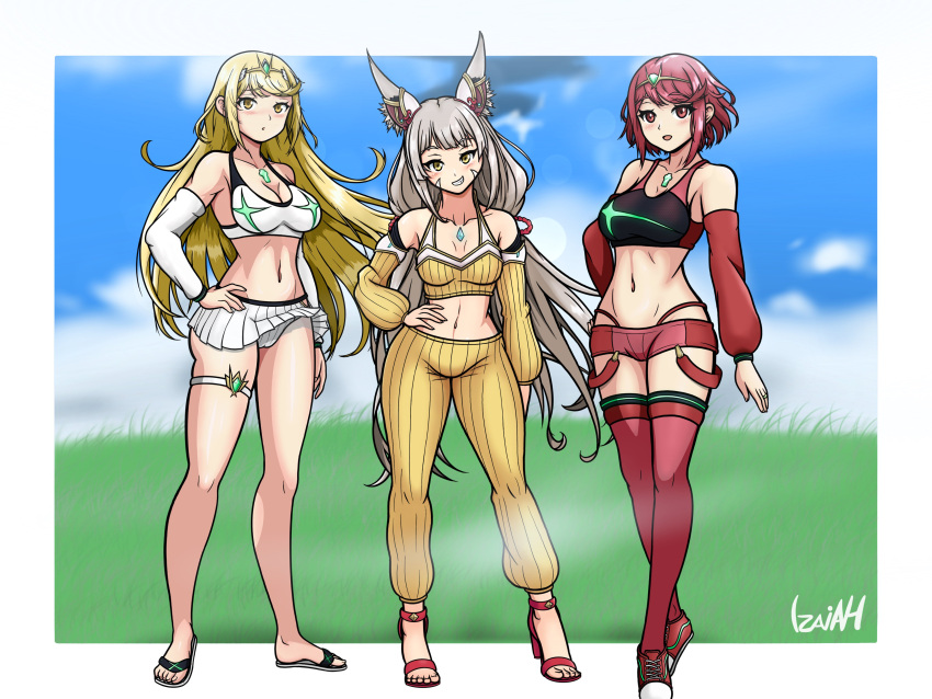 3girls :d absurdres animal_ear_fluff animal_ears blue_sky blurry blurry_background blush breasts cleavage cloud collarbone commentary day depth_of_field english_commentary grass grey_hair grin hand_on_own_hip headpiece high_heels highleg highleg_panties highres izaiah large_breasts long_hair looking_at_viewer multiple_girls mythra_(xenoblade) navel nia_(xenoblade) panties pants pleated_skirt pyra_(xenoblade) red_eyes red_footwear red_hair red_panties red_shorts red_thighhighs ribbed_pants shoes short_shorts shorts signature skirt sky smile thighhighs underwear very_long_hair white_footwear white_panties white_skirt xenoblade_chronicles_(series) xenoblade_chronicles_2 yellow_eyes yellow_pants