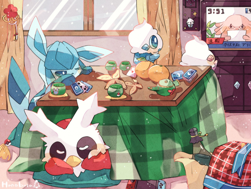 animal_focus artist_name bag blue_eyes bottle card chansey clock closed_eyes commentary_request cup curtains delibird food fruit glaceon hanabusaoekaki highres indoors kotatsu mandarin_orange nintendo_switch no_humans one_eye_closed orange_(fruit) poke_ball_symbol pokemon pokemon_(creature) sleeping snowing table tea teacup teapot television translation_request under_kotatsu under_table vanillite wall_clock watching_television window