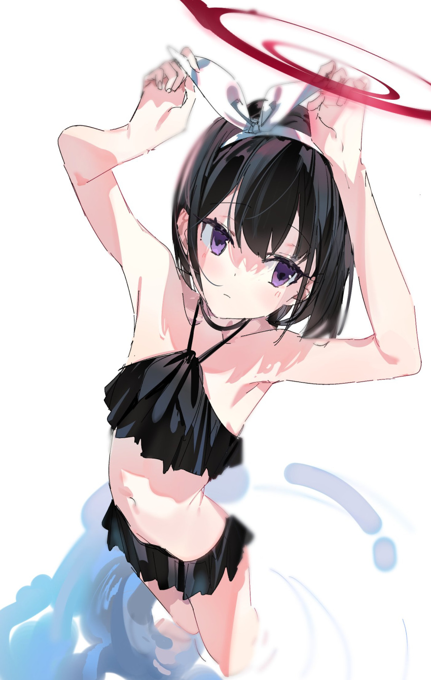 1girl aida_(chinhung0612) arms_up bikini black_bikini black_hair blue_archive blush closed_mouth from_above hairband highres looking_at_viewer mashiro_(blue_archive) mashiro_(swimsuit)_(blue_archive) purple_eyes ripples short_hair simple_background solo swimsuit wading water white_background white_hairband
