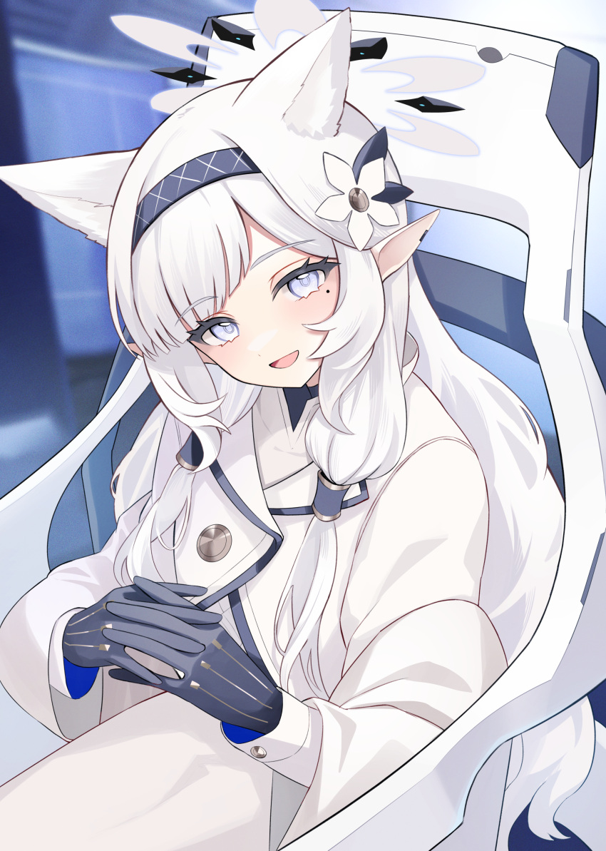 1girl absurdres animal_ears black_gloves black_hairband blue_archive cat_ears coat extra_ears gloves grey_hair hairband halo highres himari_(blue_archive) long_hair long_sleeves looking_at_viewer mole mole_under_eye open_mouth pointy_ears purple_eyes sitting smile solo white_coat yamaha_tsui