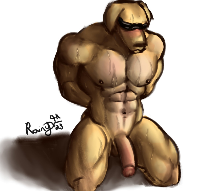 abs anthro balls bird_dog blindfold blindfold_only bodily_fluids canid canine canis deltoids domestic_dog fur genitals hi_res humanoid_genitalia humanoid_penis hunting_dog kneeling labrador male mammal muscular muscular_anthro muscular_male navel nipples nude pecs penis quads rainy4k retriever simple_background solo solo_focus sweat